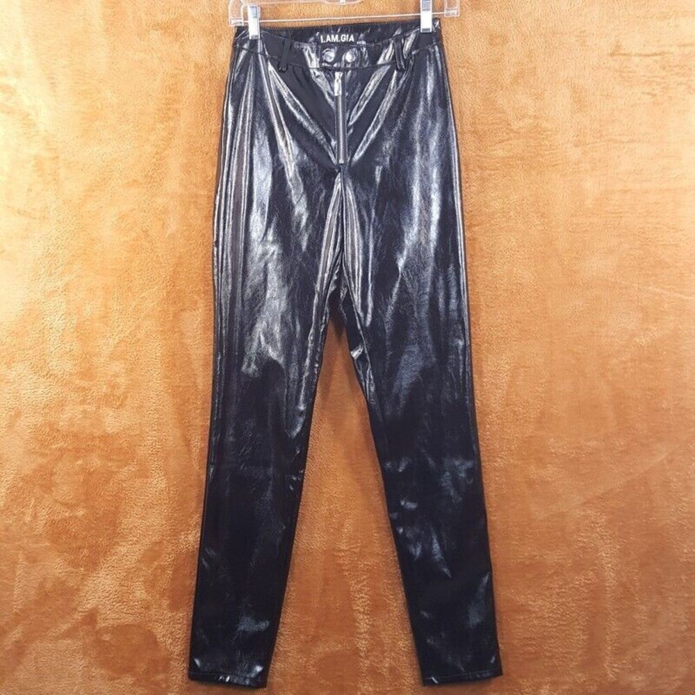 I AM GIA Womens Pants XS Black Slim Leg Faux Leather Skinny Zip Up Trouser Shiny